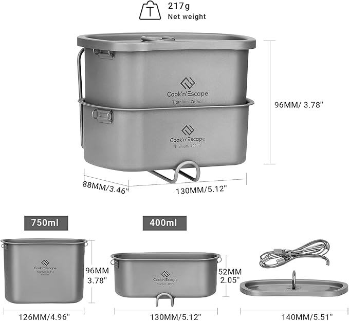 COOK'N'ESCAPE Titanium Camping Cookware Titanium Canteen Mess kit, Camping Canteen with Pot and Pan Set, Portable Lightweight Cookware for Outdoor Hiking Backpacking Picnic
