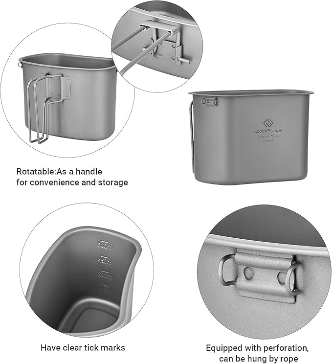 COOK'N'ESCAPE Titanium Camping Cookware Titanium Canteen Mess kit, Camping Canteen with Pot and Pan Set, Portable Lightweight Cookware for Outdoor Hiking Backpacking Picnic