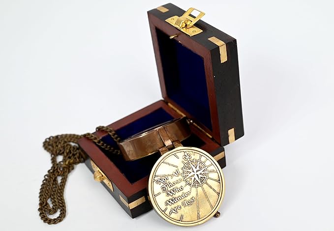 Brass Nautical - Not All Those Who Wander are Lost Brass Gift Embossed Compass with Wooden case, Graduation Day Baptism Communion Confirmation Day Motivational LOTR J.R.R. Tolkien (Wooden Box)