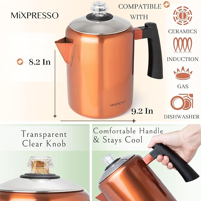 Mixpresso Copper Stainless Steel Coffee Percolator Stovetop, 37oz Classic Percolator Coffee Pot, Excellent For Camping Pot, 5-8 Cup Stove Top Coffee Maker, Cool-Touch Handle