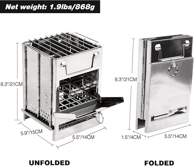 Wood Burning Camp Stove Camping Stove Folding Camp Mini Stove Rocket Stove Folding Stove Portable Backpacking Stainless Steel Light Folding Stove for Outdoor Tent Camping Picnic BBQ