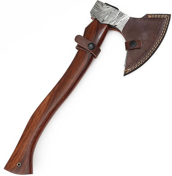 Damascus Axe | Wooden Axe | Axe with Leather Sheath | Wooden Handle