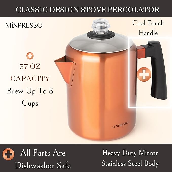Mixpresso Copper Stainless Steel Coffee Percolator Stovetop, 37oz Classic Percolator Coffee Pot, Excellent For Camping Pot, 5-8 Cup Stove Top Coffee Maker, Cool-Touch Handle