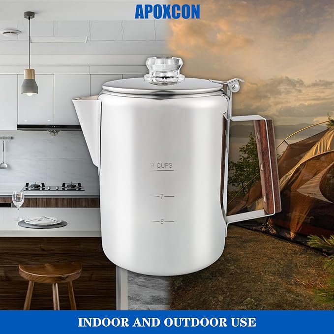 Coffee Percolator Camping Coffee Pot Stainless Steel Coffee Maker with Two Heat Resistant Tough Glass Knob Using on any Stovetop Outdoor Traveling NO Aluminum NO Plastic (9 Cup)