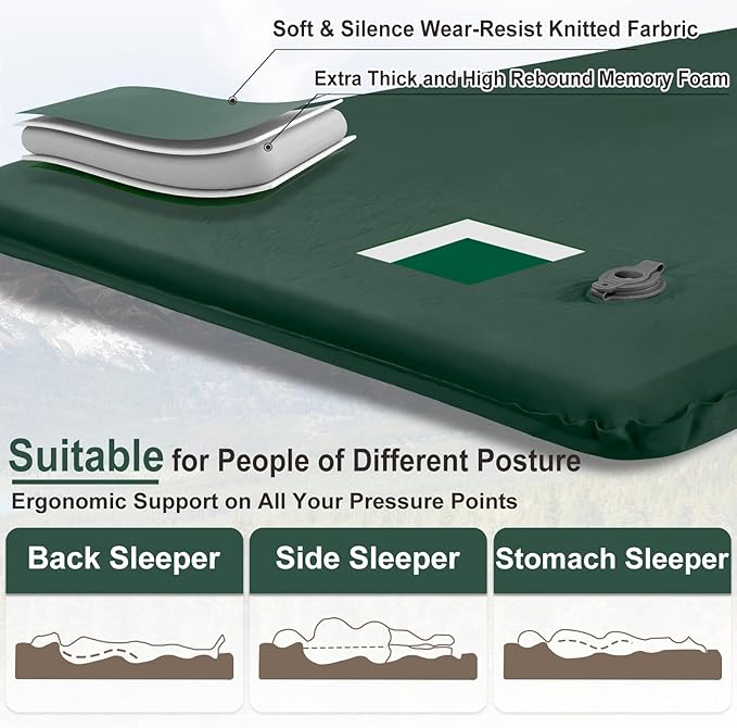 Self Inflating Sleeping Pad for Camping Fast Inflating in 20s Insulated Camping Pad Ultra-Thick Foam Camping Mats Memory Foam Camping Air Mattress with Pillow for Car Camping , Tent, Home,Travel