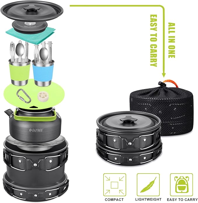 G4Free 19PCS Camping Cookware Mess Kit Non-Stick Pot and Pan Set with Kettle Stainless Steel Cups Plates Forks Knives Spoons Lightweight for Hiking Backpacking Cooking Picnic