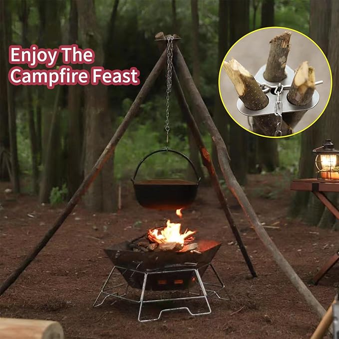Camping Tripod for Ccooking,A Set Campfire Tripod,Made of Stainless Steel,Will Be Essential Camp Gear When You Cook or Grill Outdoors(Silver)