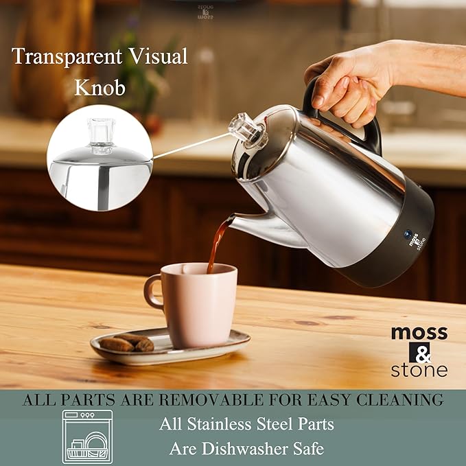 Moss & Stone Percolator Coffee Pot Electric 10 Cup, Stainless Steel Coffee Maker, Coffee Percolator Electric With Keep Warm Function, 10 Cups Stainless Steel Percolator With Coffee Basket