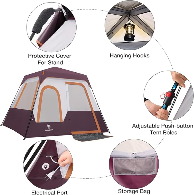 CAMEL CROWN Cabin Tent with 1-Minute Setup, 4/6 Person Instant Tent with Weatherproof Floor