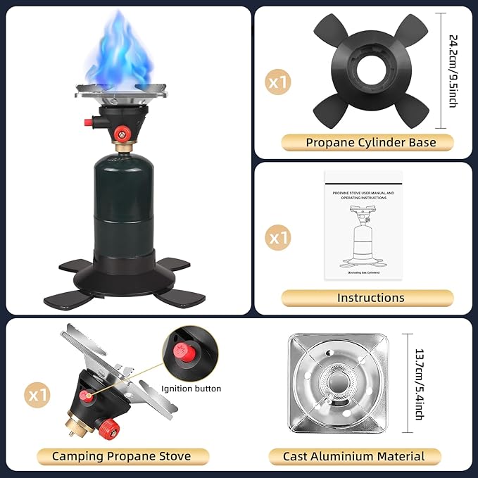 Camping Propane Stove, 10,000 BTU Portable Gas Stove, Propane Burner Camping Stove, Adjustable Flame Backpacking Stove for Outdoor Cooking