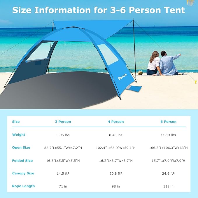 Gorich Beach Tent with Canopy - Easy Setup 3-6 Person Portable Sun Shelter, UPF 50+ UV Protection Sun Shade, Lightweight & Compact Beach Cabana for Family Travel