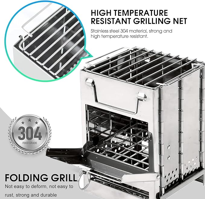 Wood Burning Camp Stove Camping Stove Folding Camp Mini Stove Rocket Stove Folding Stove Portable Backpacking Stainless Steel Light Folding Stove for Outdoor Tent Camping Picnic BBQ
