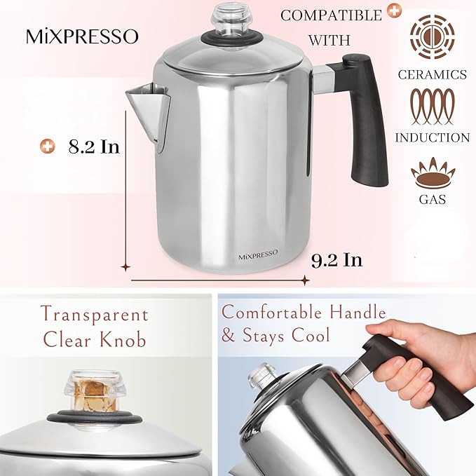 Mixpresso Stainless Steel Coffee Percolator Stovetop, 37oz Classic Percolator Coffee Pot, Excellent For Camping Pot, 5-8 Cup Stove Top Coffee Maker, Cool-Touch Handle