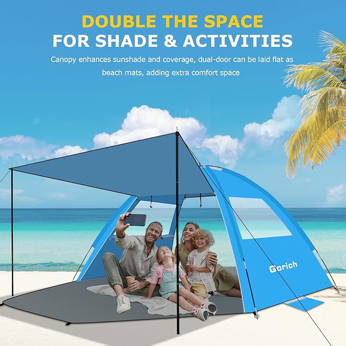 Gorich Beach Tent with Canopy - Easy Setup 3-6 Person Portable Sun Shelter, UPF 50+ UV Protection Sun Shade, Lightweight & Compact Beach Cabana for Family Travel