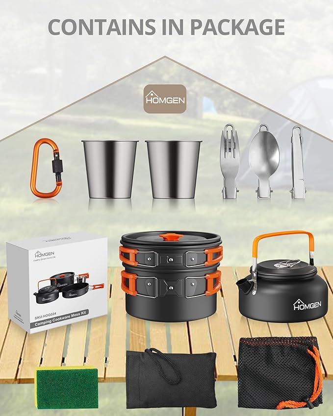 HOMGEN Camping Cooking Set Camping Pots and Pans Set Aluminium Camping Cookware Kit Protable Cooking Mess Kit Lightweight Camping Cooking Equipment for 2-3 People Perfect for Camping Picnic Hiking etc