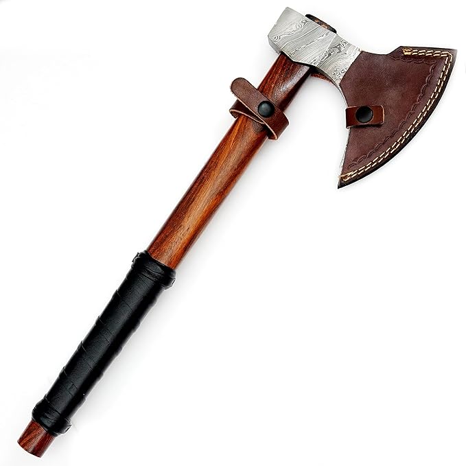 Damascus Axe | Wooden Axe | Axe with Leather Sheath | Straight Handle with Black Wrapping