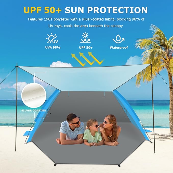 Gorich Beach Tent with Canopy - Easy Setup 3-6 Person Portable Sun Shelter, UPF 50+ UV Protection Sun Shade, Lightweight & Compact Beach Cabana for Family Travel