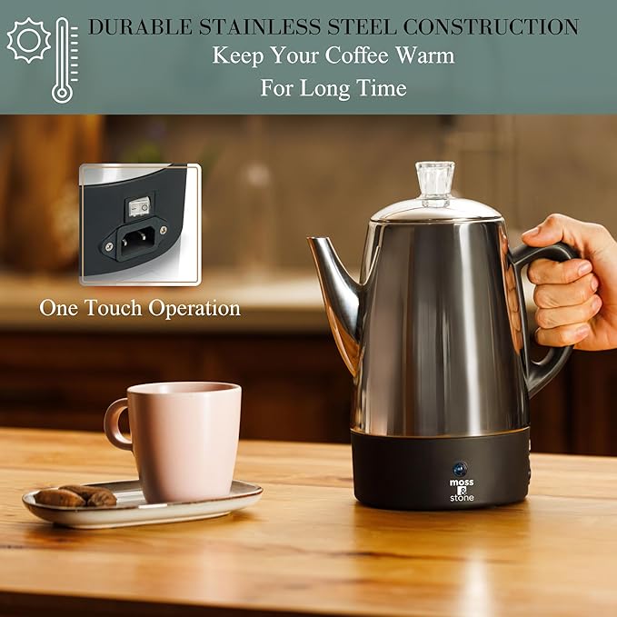 Moss & Stone Percolator Coffee Pot Electric 10 Cup, Stainless Steel Coffee Maker, Coffee Percolator Electric With Keep Warm Function, 10 Cups Stainless Steel Percolator With Coffee Basket