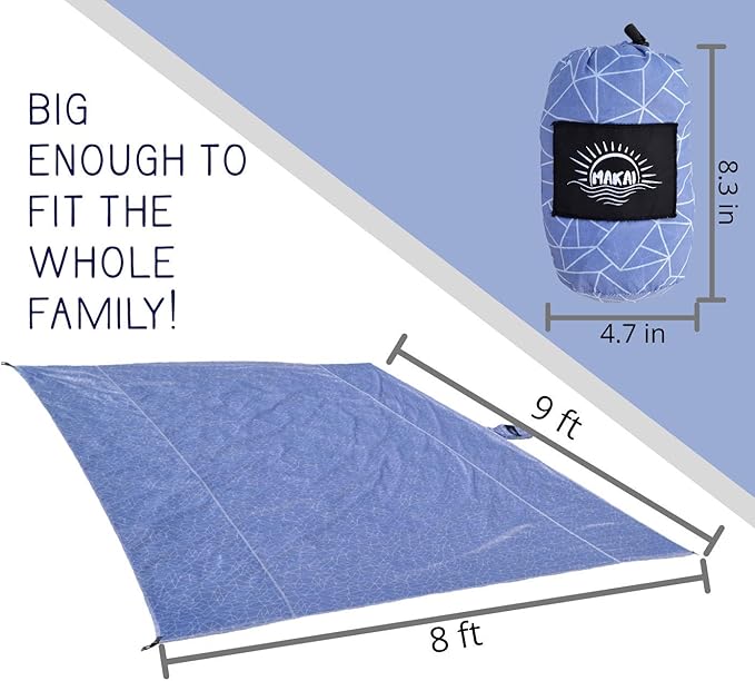 Makai – Lightweight Sheet Style Beach Blanket, Sand Dosen't Stick, Extra Large 8’ x 9’, Compact Strong Parachute Nylon Beach Mat, Stays Cool, Quick Drying, Multifunctional