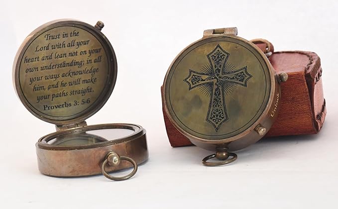 Trust in The Lord with All Your Heart -Proverbs 3: 5-6 Quote Engraved Compass with Leather Box, Compass Gift, 2023 Graduation Day Gifts- Baptism Gifts Compass
