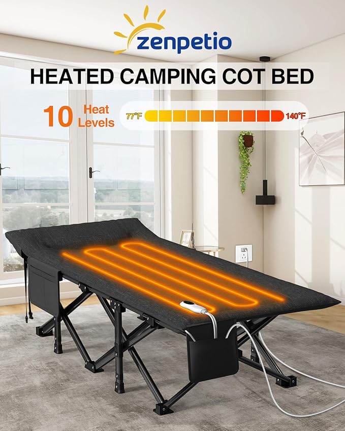 ZENPETIO Heated Camping Cot for Adults, Durable Foldable Cot Bed with Pad & Carry Bag, Portable Sleeping Cot for Camping Home Guest Stay, Direct Plug-in Design for Reliable Heating, Black