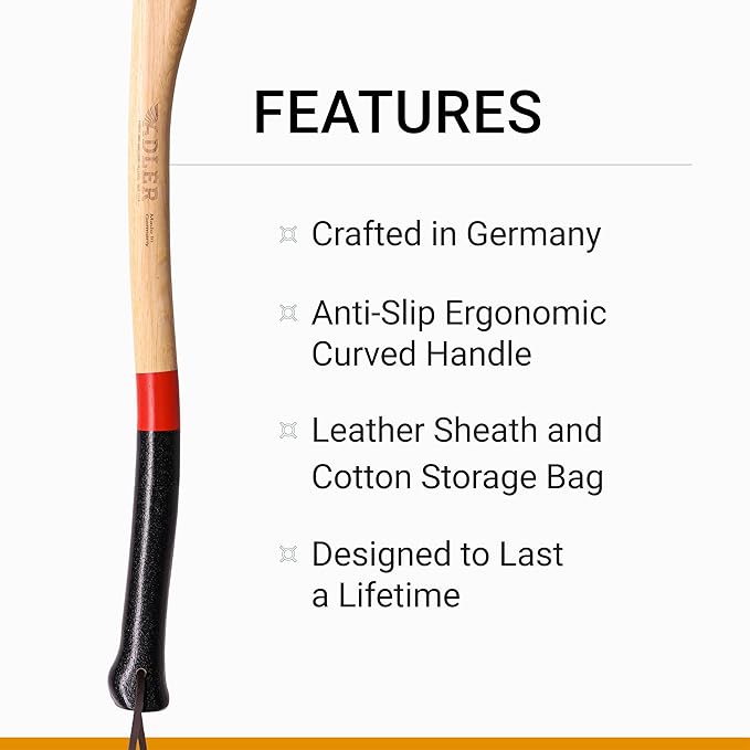 Adler - The Yankee Axe, Hickory Wood, Leather Sheath, German Made, Anti-Slip Head 1.35 pounds, Handle 19.5 inches (Red Stripe)