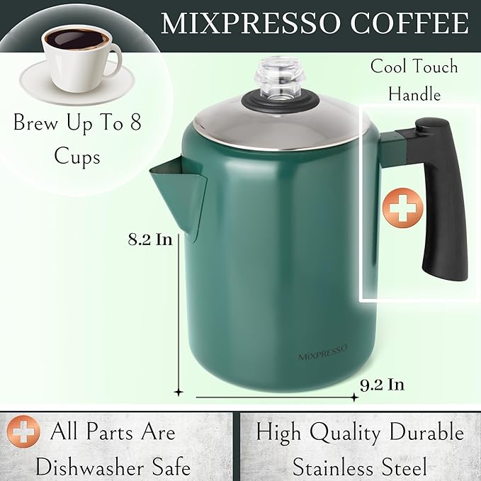 Mixpresso Green Stainless Steel Coffee Percolator Stovetop, 37oz Classic Percolator Coffee Pot, Excellent For Camping Pot, 5-8 Cup Stove Top Coffee Maker, Cool-Touch Handle