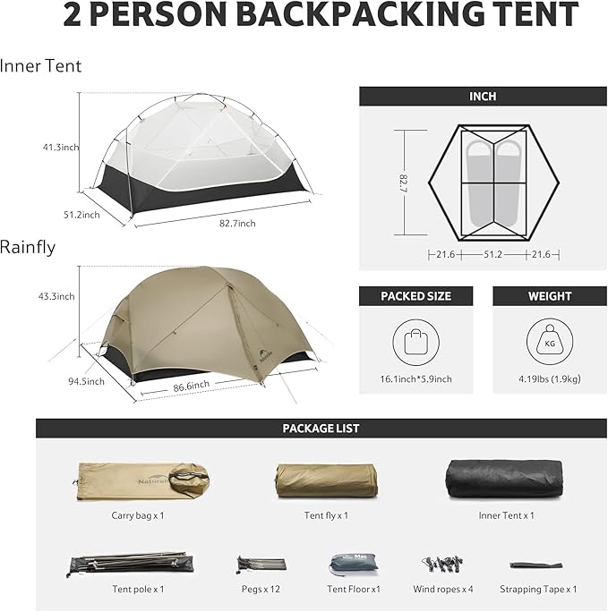 Naturehike Mongar UL 1/2Person Backpacking Tent,15D Nylon Waterproof Ultralight 1-2 Person Tent with Footprint
