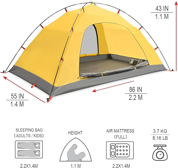 KAZOO 2/4 Person Camping Tent Outdoor Waterproof Family Large Tents 2/4 People Easy Setup Tent with Porch Double Layer