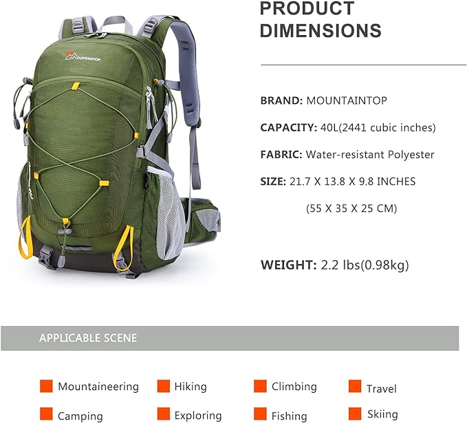 MOUNTAINTOP 40L Hiking Backpack Travel Daypack with Rain Cover for Outdoor Backpacking, Camping