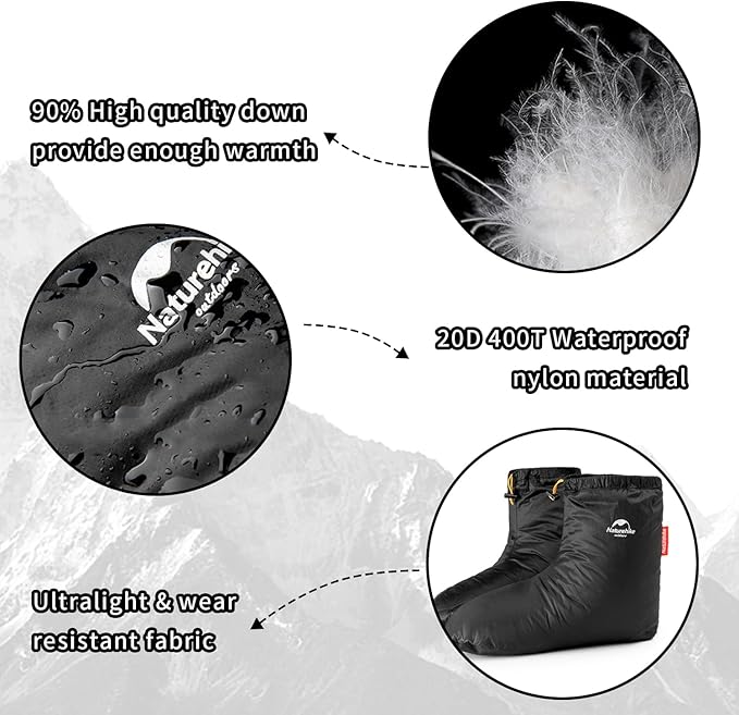 Tentock Ultralight Winter Goose Down Booties Socks Slippers Warm Soft Cozy Water-Resistant for Camping Backpacking Indoor Down Filled Slipper Boots with Storage Bag