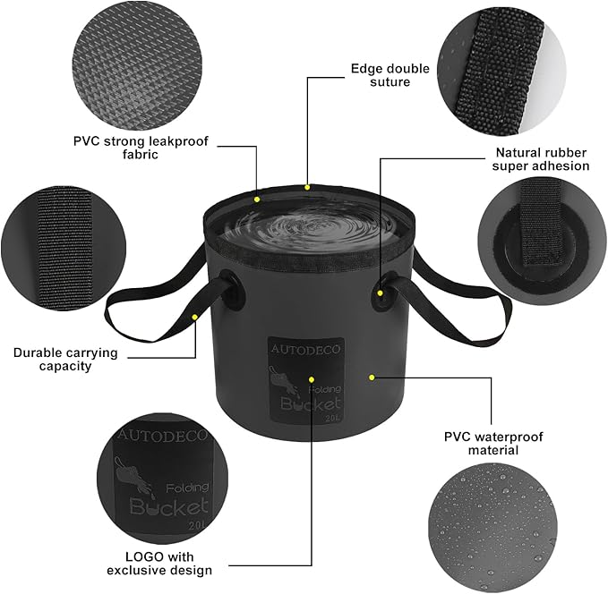 AUTODECO 5 Gallon Collapsible Bucket Water Container Portable Wash Basin for Fishing Camping Car Washing Hiking 20L