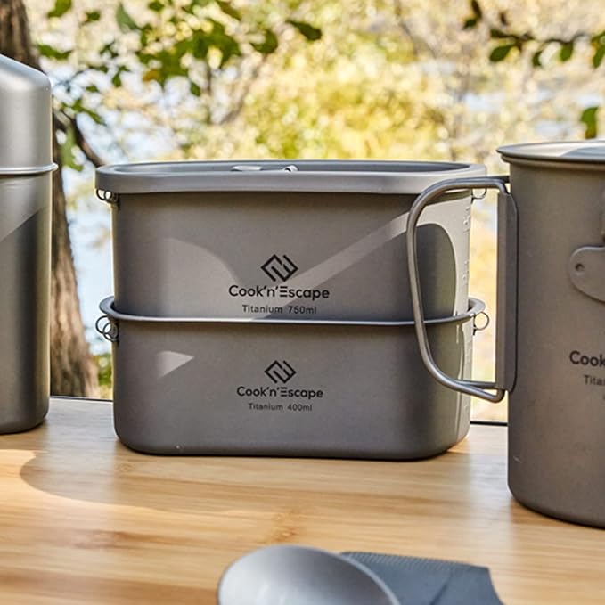 COOK'N'ESCAPE Titanium Camping Cookware Titanium Canteen Mess kit, Camping Canteen with Pot and Pan Set, Portable Lightweight Cookware for Outdoor Hiking Backpacking Picnic
