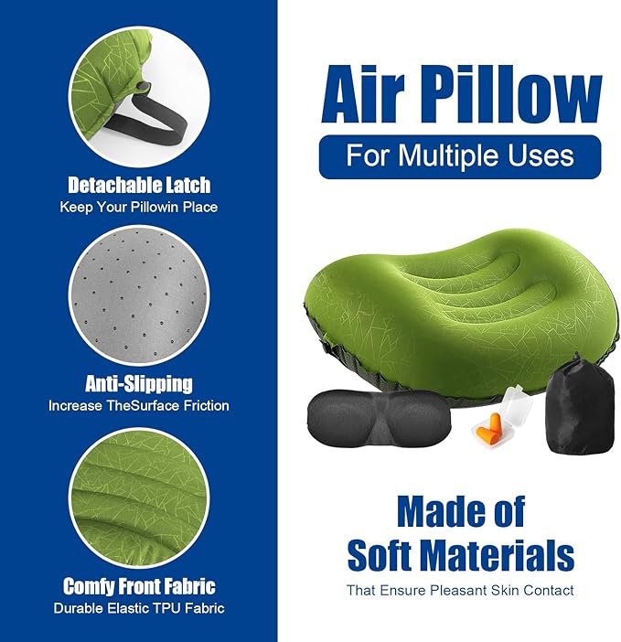 DAWNTREES Inflatable Pillow for Camping,Portable Compressible Ultra-light Travel Inflatable Pillow for Sleeping,Support The Neck and Lumbar,Backpacking Essentials (Green)