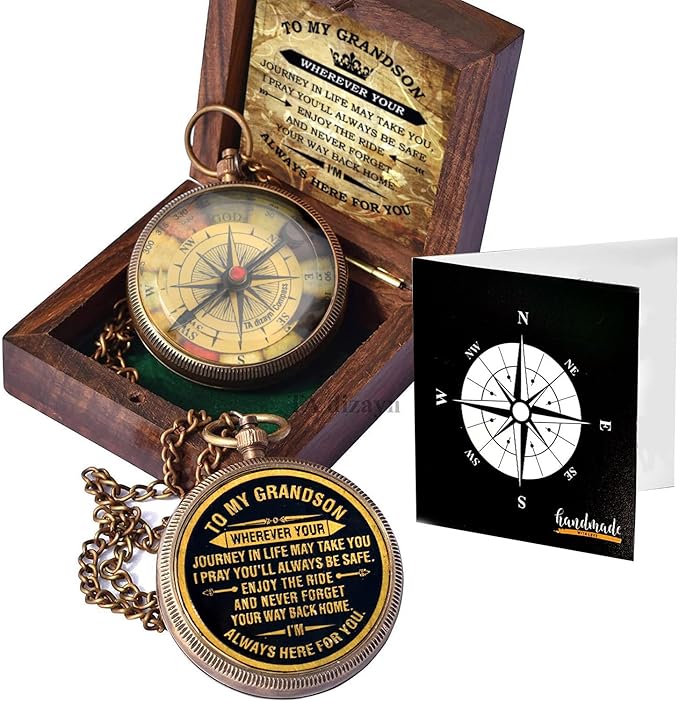 Gift for Grandson Brass Compass Engraved Quote | Memory Present to My Grandson Birthday, Baptism, Graduation, Confirmation, Love, Gift idea by Grandpa Grandma, 2025 Gift