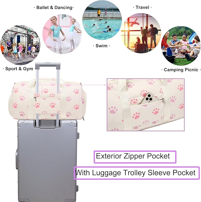 Dance Bag for Girls Sports Duffle Bag Teen Gym Bag Ballet Bag with Separate Dry Wet Pocket and Shoes Compartment Weekender Overnight Bag for Teen Girls Corduroy Sequined Cat(Cat Beige)