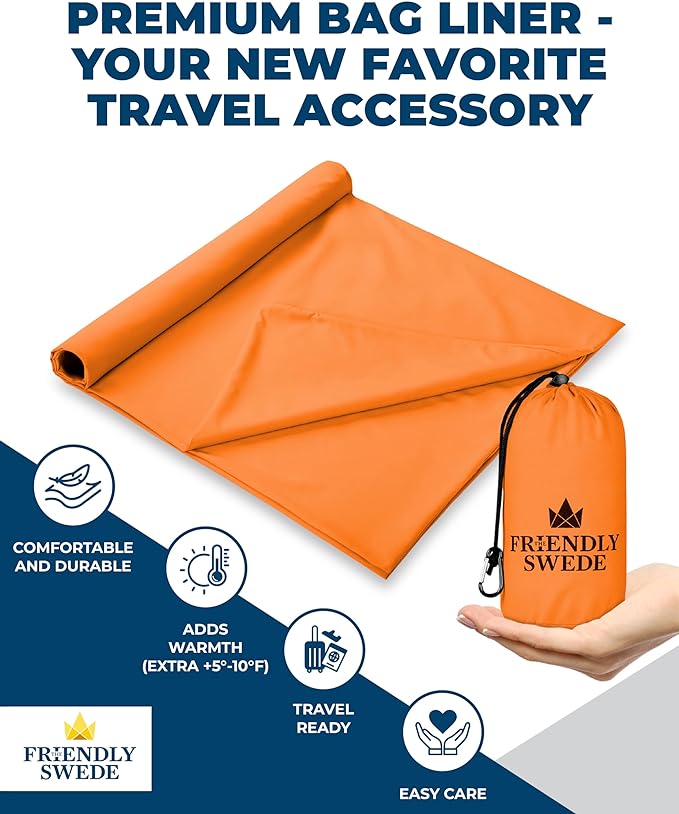 The Friendly Swede Sleeping Bag Liner - Cold Weather Camping Sheets & Adult Sleep Sack with Full Length Zipper; Microfiber Soft Travel Sheets for Hotel with Stuff Sack - Orange (Zipper)