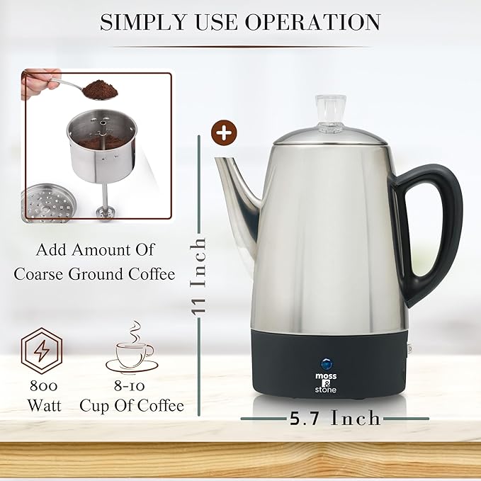 Moss & Stone Percolator Coffee Pot Electric 10 Cup, Stainless Steel Coffee Maker, Coffee Percolator Electric With Keep Warm Function, 10 Cups Stainless Steel Percolator With Coffee Basket