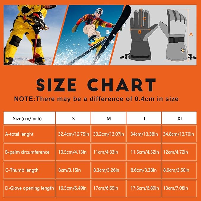 Heated Gloves for Men Women 7.4V Battery Rechargeable Heated Ski Gloves Touchscreen Waterproof Electric Heated Gloves for Winter Outdoor Work Skiing Hiking Camping