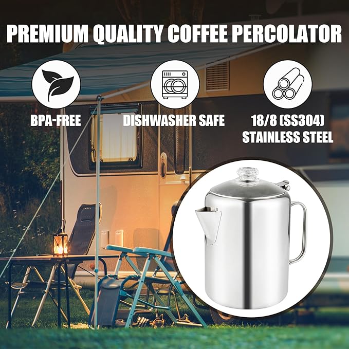 Percolator Coffee Pot Stainless Steel Coffee Percolator with Heat Resistant Glass Knob Top, Compact Coffee Maker Pot for Campfire or Stovetop Coffee Making Outdoor Traveling Fast Brew