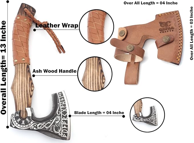 13” Inch Viking Axe- Ash Wood Handle Hatchets and Axes with Leather Wrap, Wood Splitting Axe, Camping Axe, Throwing Axes and Tomahawks - Gift for Father’s day, Husband(Rare Viking)