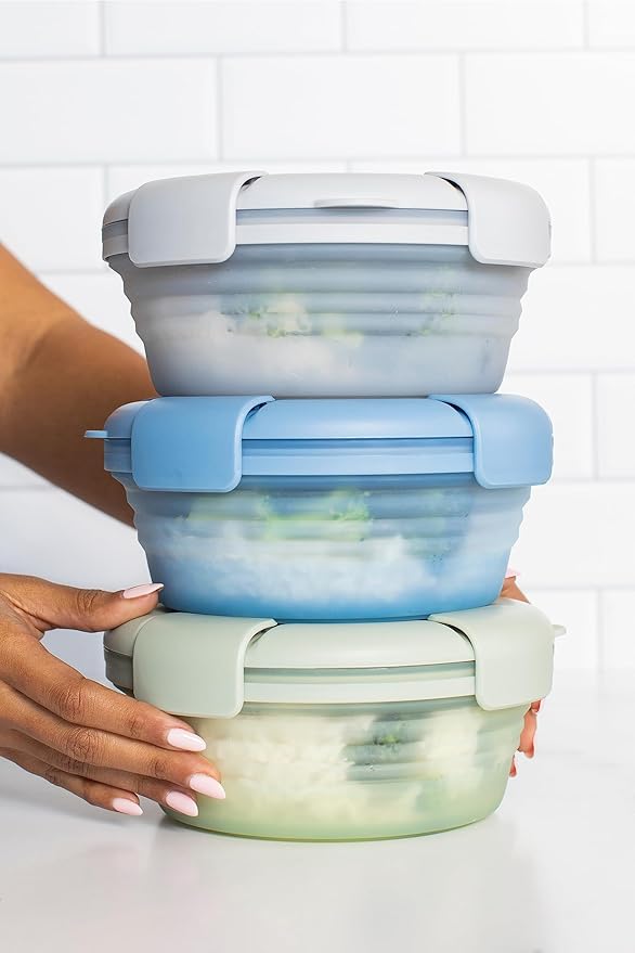 STOJO Collapsible Bowl 3 Set - Translucent Aquamarine, 36oz - Reusable Silicone Bowl for Hot and Cold Food - Perfect for Travel, Meal Prep, To-Go Lunch, Camping & Hiking - Microwave & Dishwasher Safe
