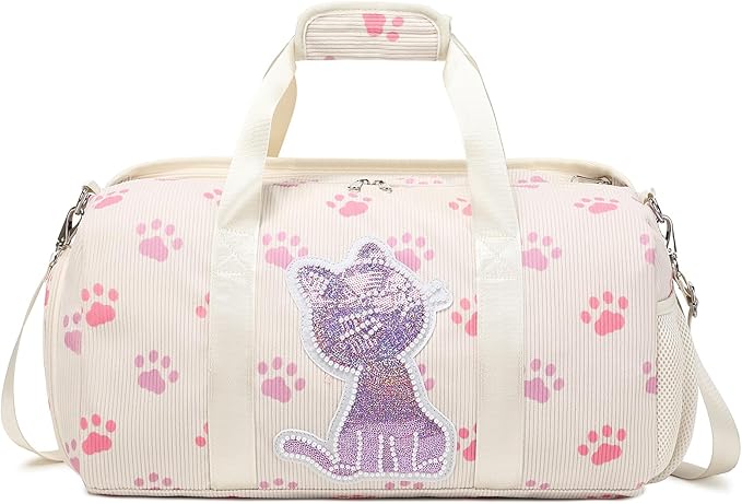Dance Bag for Girls Sports Duffle Bag Teen Gym Bag Ballet Bag with Separate Dry Wet Pocket and Shoes Compartment Weekender Overnight Bag for Teen Girls Corduroy Sequined Cat(Cat Beige)