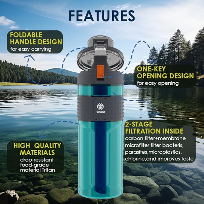 Straw Filter Water Bottle Outdoor Water Bottle with Filter Water Purifier Filtration Bottle Survival Emergency Hiking Travel and Backpacking Water Filter 17oz