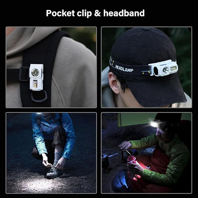 EDC Flashlight, Mini Pocket Flashlight Rechargeable Headlamp, 230 Lumens Small Flashlight, Handheld Flash Light for Emergencies Camping Hiking, RGB Flashlight with Motion Sensor-White