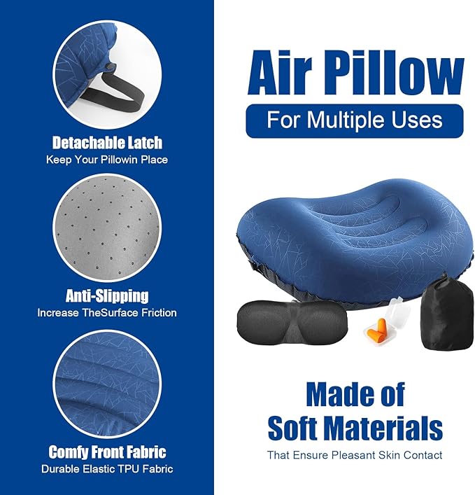 DAWNTREES Inflatable Pillow for Camping,Portable Compressible Ultra-light Travel Inflatable Pillow for Sleeping,Support The Neck and Lumbar,Backpacking Essentials (Blue)
