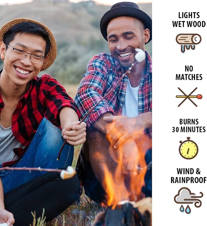 Pull Start Fire Pull String Firestarter | No Matches Required, Fire Starts in Seconds | for Campfires, Grill, Fireplace, BBQ | Lights Wet Wood, Easy to Use, Food Safe and Weather Resistant | 4 Pack