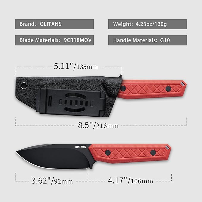 G043 Fixed Blade Knife 3.62'' 9cr18mov steel Blade,4.17'' G10 handle Field Utility Knife with Kydex Sheath for Outdoor Camping Hiking