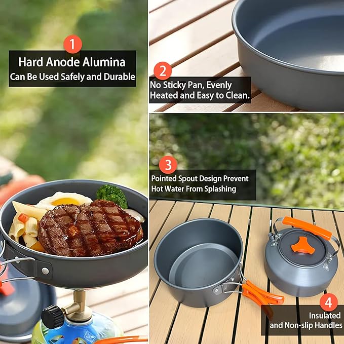 Camping Cookware Set, 13in1 Camping Cookware, Non-Stick Lightweight Camping Pot and Pan Set with Stainless Steel Kettle Plates Spoon for Backpacking, Hiking, Outdoor Cooking and Picnic