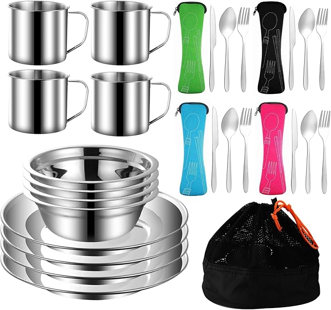 Outdoor Camping Mess Kit, Stainless Steel Tableware Mess Kit includes Plate Bowl Cup Spoon Fork Knife in Mesh Bags for Camping Backpacking & Hiking for 4 Person